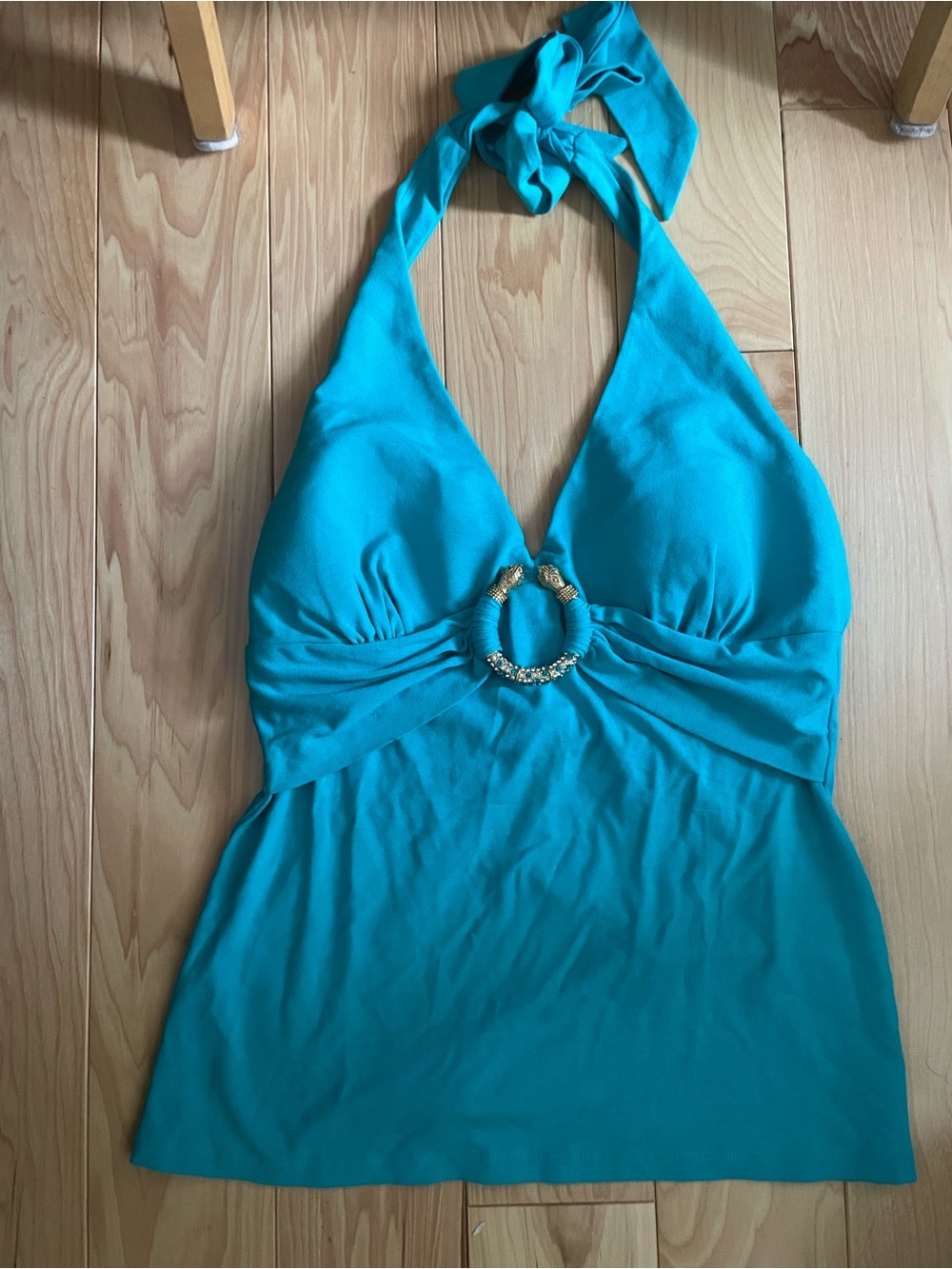 Cache Teal Halter Tank with Gold Ring Detail